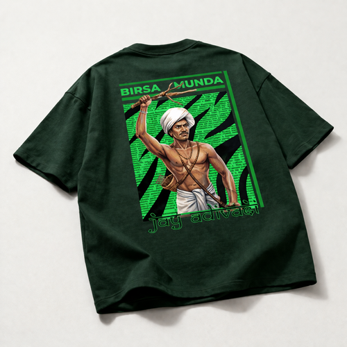 Birsa Munda Jay Adivasi Oversized Graphic T-Shirt | Adivasi Heritage Unisex Drop Shoulder Tee | 240 GSM Heavyweight Cotton