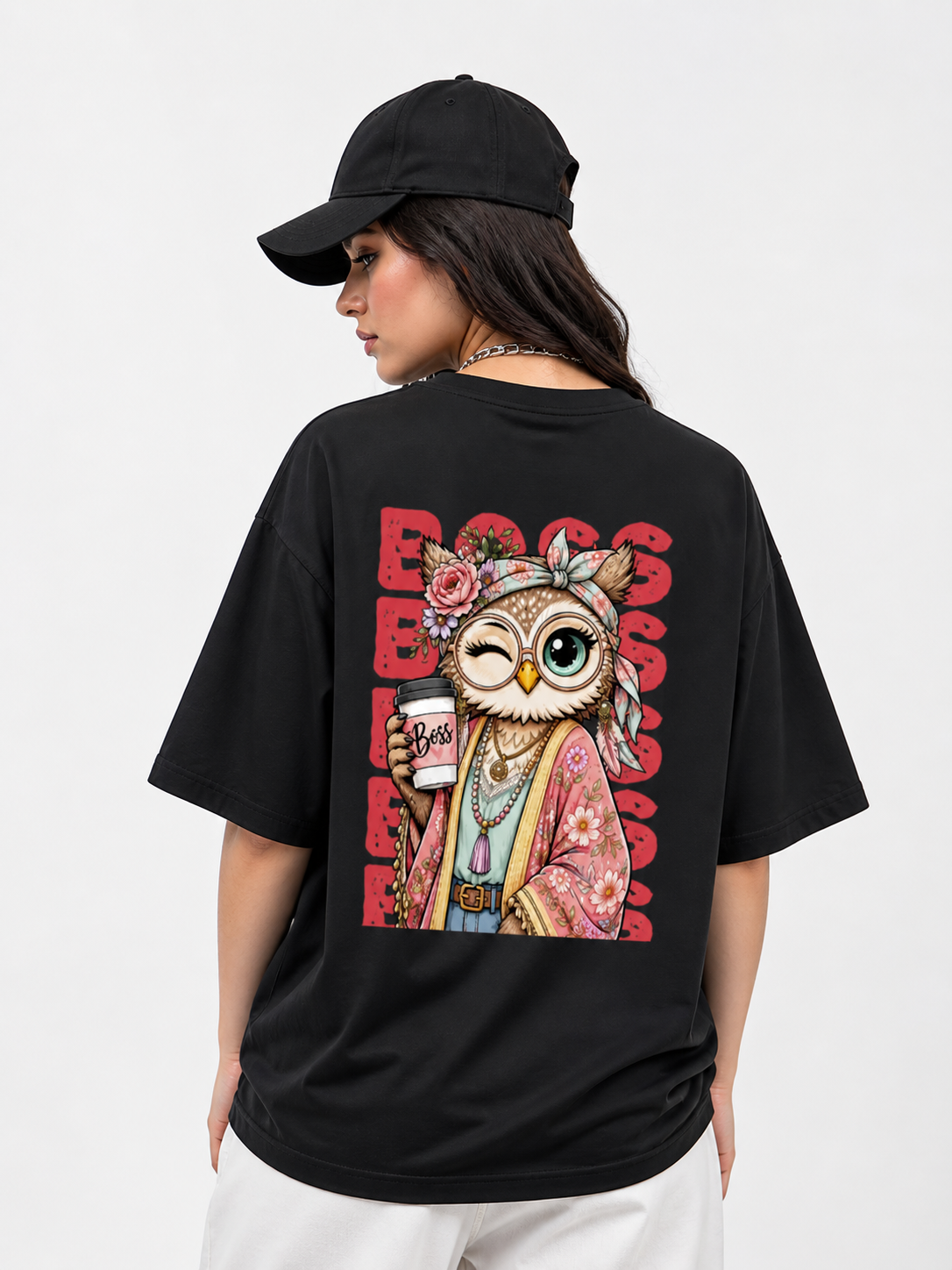Boss Owl Boho Graphic Oversized T-Shirt Women Girls | Velvore