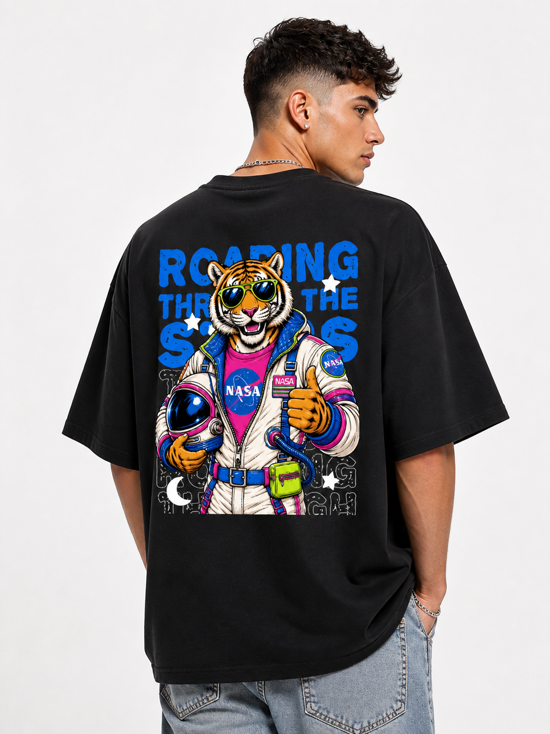 NASA Tiger Astronaut Graphic Oversized T-Shirt Men | Velvore