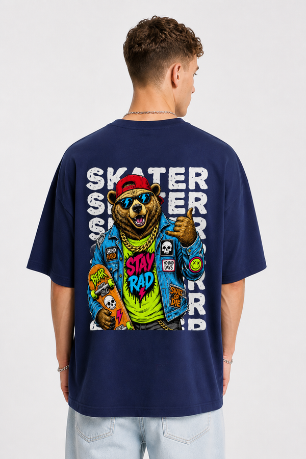 Skater Bear Graphic Oversized T-Shirt Men Navy Blue | Velvore